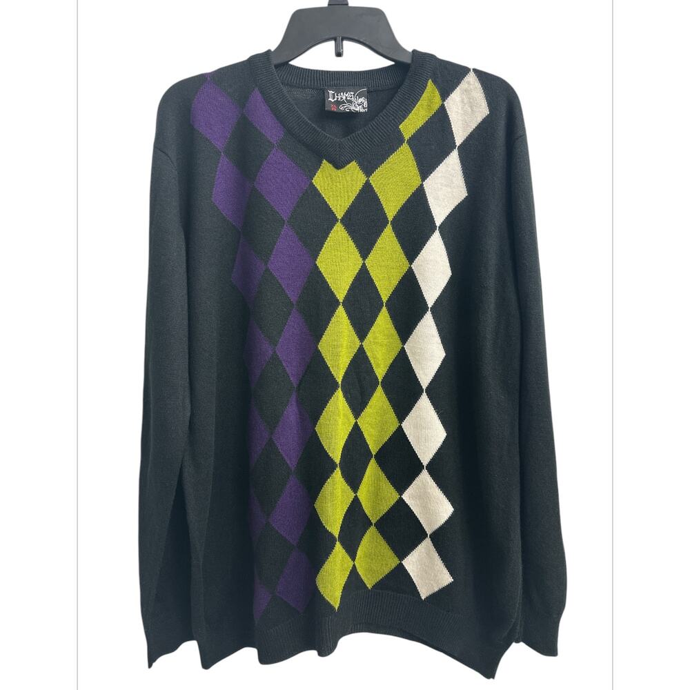 CHAMS Black Argyle Preppy Academia Pullover Sweater Cotton Blend Men's XL (20)
